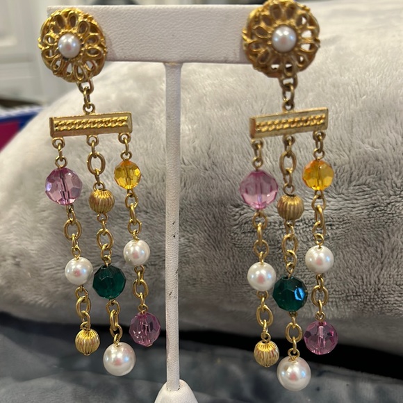 Vintage Matte Gold Long Earrings with Pearls-Boutique - Picture 1 of 5